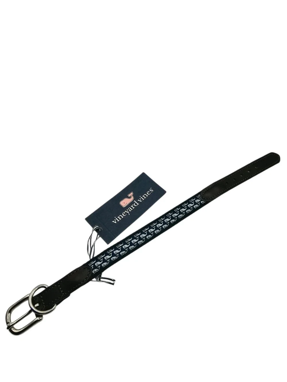 Vineyard Vines Leather Canvas Dog Collar Whale Print Blue NWT